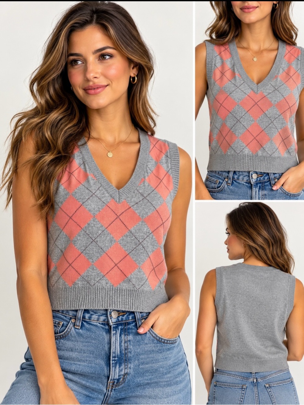 Aeropostale Gray and Coral Argyle V-Neck Size Medium Sweater Vest